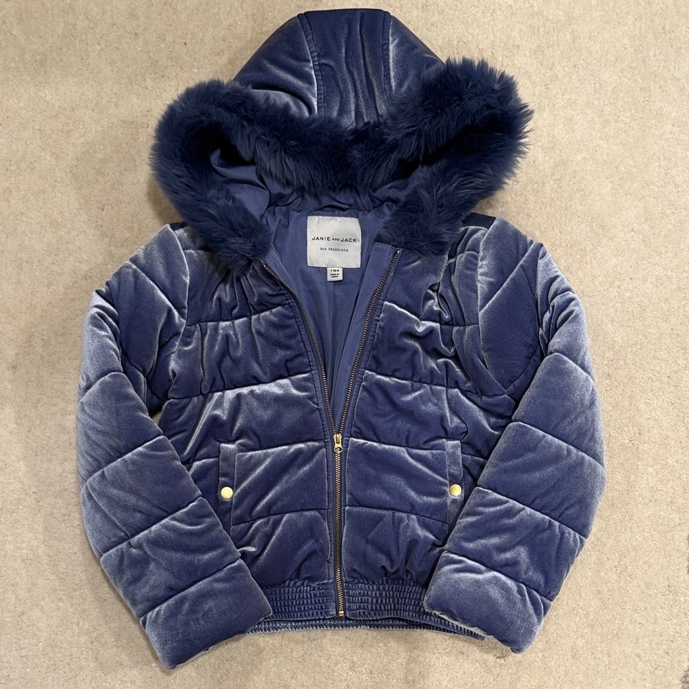 Janie and Jack Blue Velvet Puffer Jacket with Faux Fur Hood